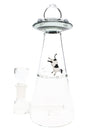 Transparent gray Hemper UFO Vortex glass bong angled to show stemless joint, inline perc chamber and levitating cow illustration.