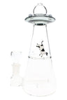 Transparent gray Hemper UFO Vortex glass bong angled to show stemless joint, inline perc chamber and levitating cow illustration.