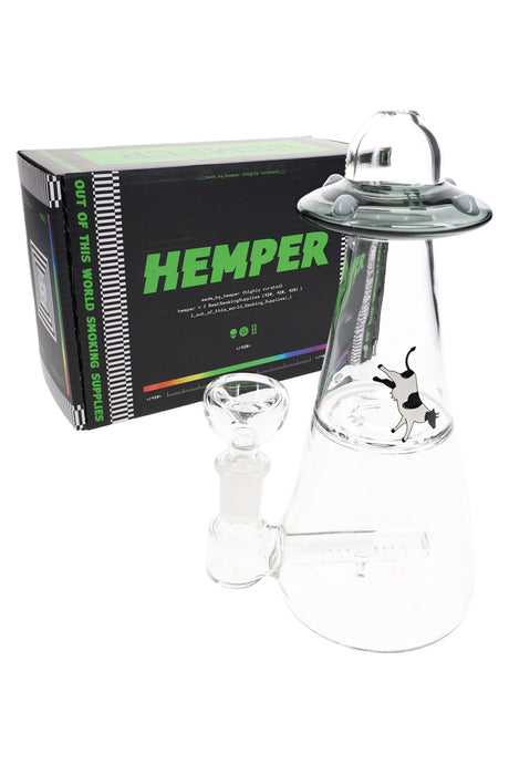Smoke-colored UFO Vortex 6″ glass bong with subtle tinted saucer, cone body, cow decal and compact 14.5 mm herb slide on side arm.