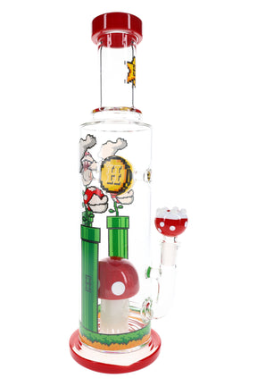 Tall Hemper Gaming Flower XL 12″ glass bong with red base, mushroom perc and green warp pipe graphics on clear tube, front angled view.