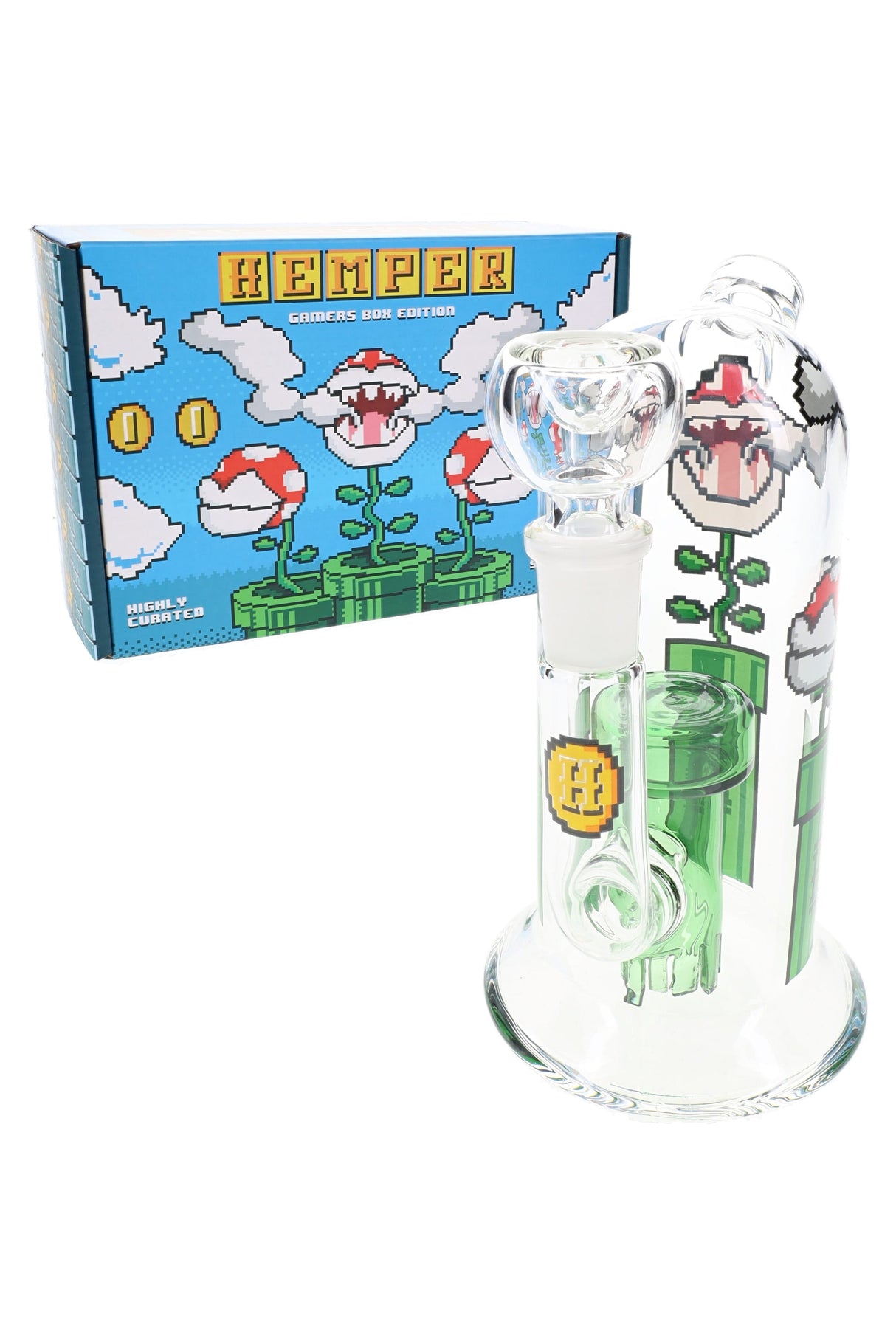 Hemper 7″ Gaming Flower glass bong with bowl attached, posed in front of bright blue gamer-themed box featuring matching pixel graphics and coins.