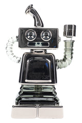 Chrome Hemper Hi-Robot XL recycler glass bong standing upright, 8.75 inch robot body with curved mouthpiece and coiled arm.