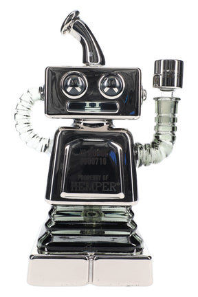 Chrome Hemper Hi-Robot XL recycler glass bong standing upright, 8.75 inch robot body with curved mouthpiece and coiled arm.