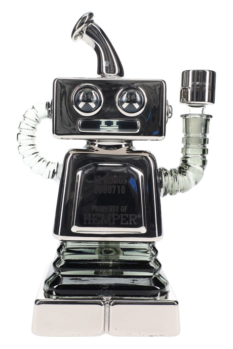 Chrome Hemper Hi-Robot XL recycler glass bong standing upright, 8.75 inch robot body with curved mouthpiece and coiled arm.