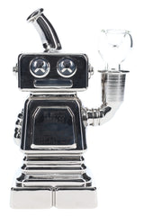 Chrome Hemper Hi-Robot 6 inch glass bong with diffused perc, clear herb bowl and stepped base, straight-on view on white background.