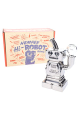 Angled chrome Hemper Hi-Robot mini glass bong standing in front of retro orange Hi-Robot Bong box, styled for online smoke shop display.