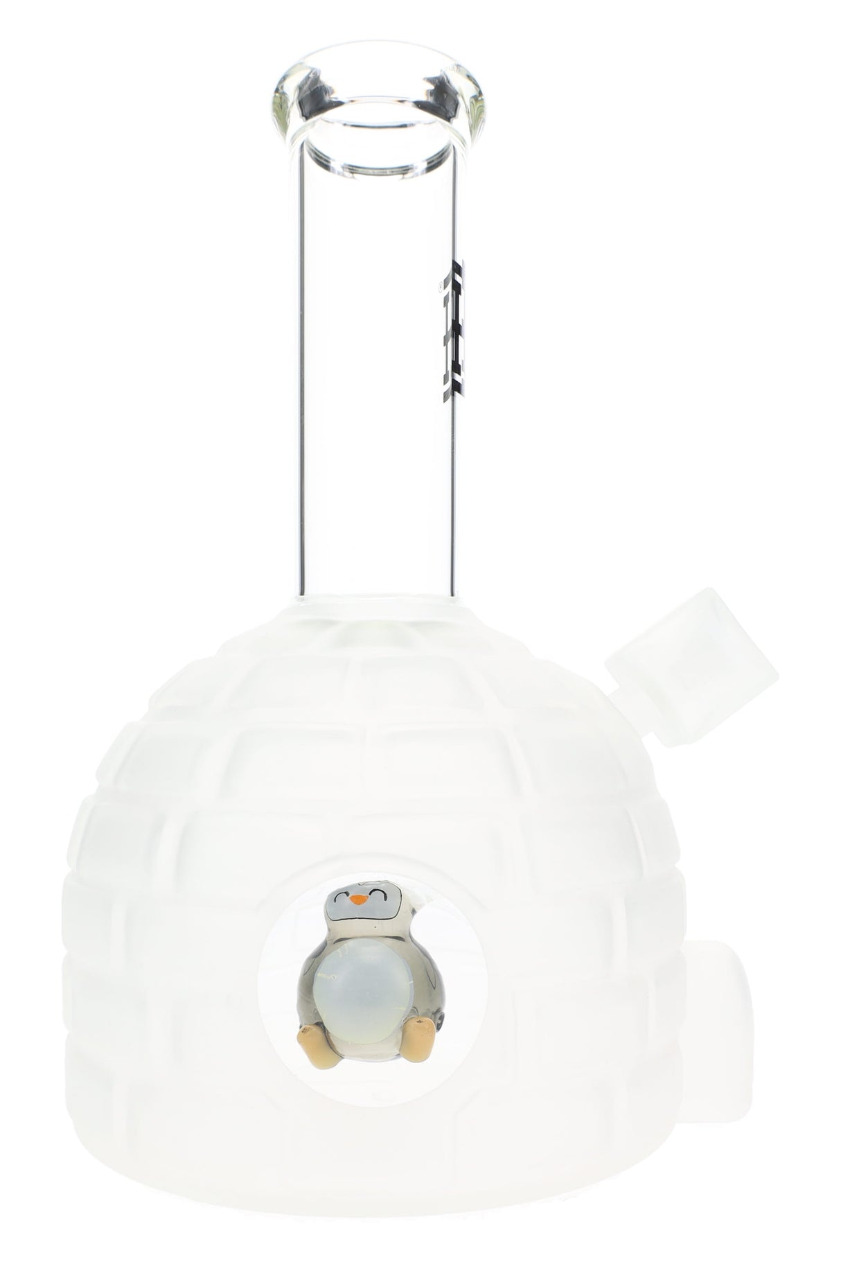 Frosted white Hemper Penguin XL 8.5″ glass bong shaped like an igloo with clear straight neck and smiling penguin ball perc in the front window.
