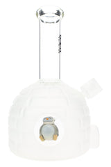 Frosted white Hemper Penguin XL 8.5″ glass bong shaped like an igloo with clear straight neck and smiling penguin ball perc in the front window.