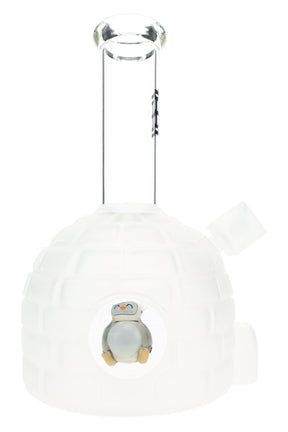 Frosted white Hemper Penguin XL 8.5″ glass bong shaped like an igloo with clear straight neck and smiling penguin ball perc in the front window.