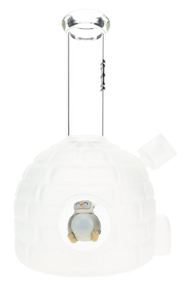 Frosted white Hemper Penguin XL 8.5″ glass bong shaped like an igloo with clear straight neck and smiling penguin ball perc in the front window.