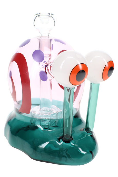 Pink and teal Hemper Snail XL 6 inch glass bong with cartoon eyeball stalks and showerhead perc, close studio view on a clean white background.