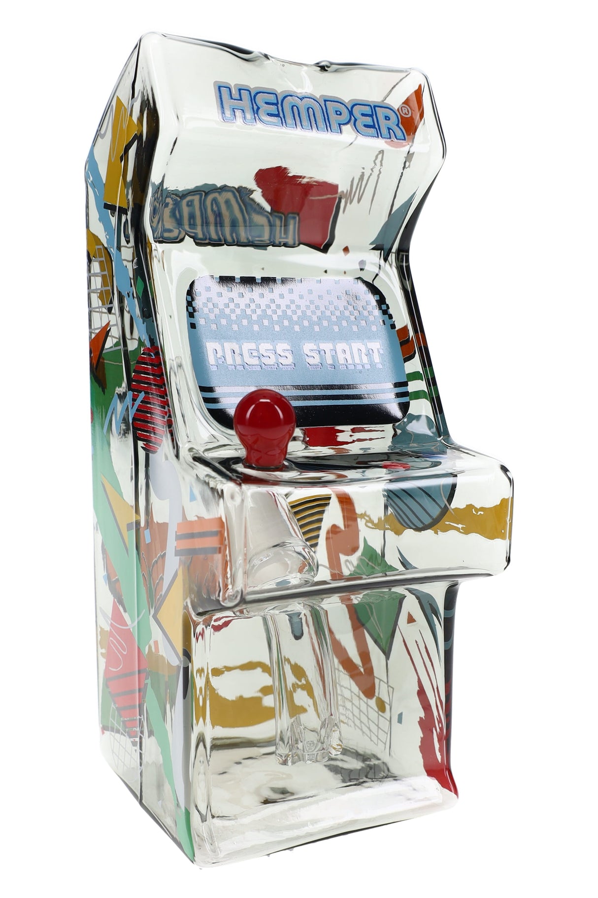 Transparent black 5.5″ Hemper Totally Rad arcade glass bong shaped like a mini cabinet with red joystick bowl and retro graphics.