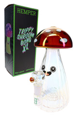 Hemper Trippy Shroom XL novelty glass bong beside branded gift box showing matching psychedelic mushroom artwork and logo.