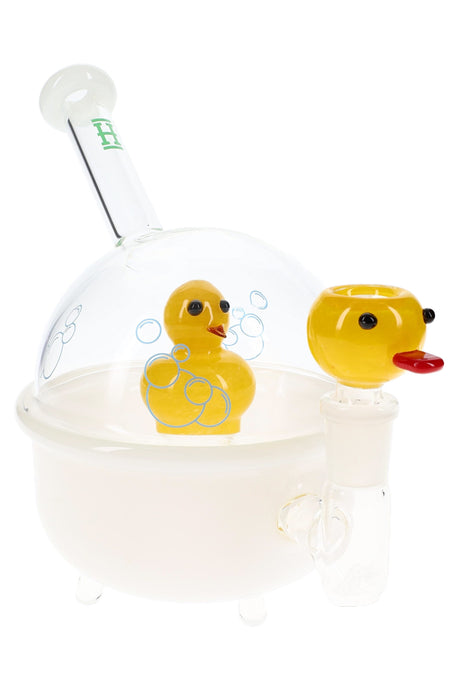 8-inch Hemper Ducky XL white tub bong with clear bubble dome, yellow duck perc and duck bowl, angled studio view on white.