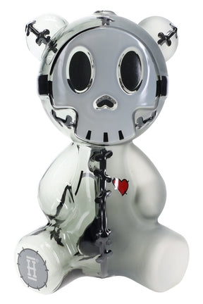 Half-frosted black Hemper Scare Bears Teddy Bear XL glass bong with skull face, stitched details and red heart decal, front angle on white.