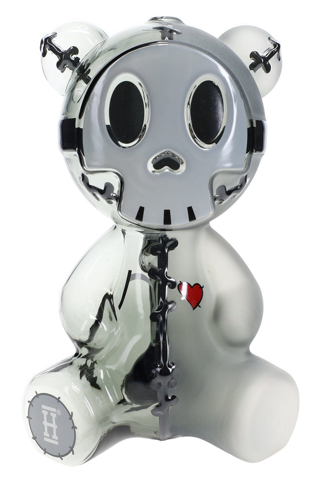 Half-frosted black Hemper Scare Bears Teddy Bear XL glass bong with skull face, stitched details and red heart decal, front angle on white.