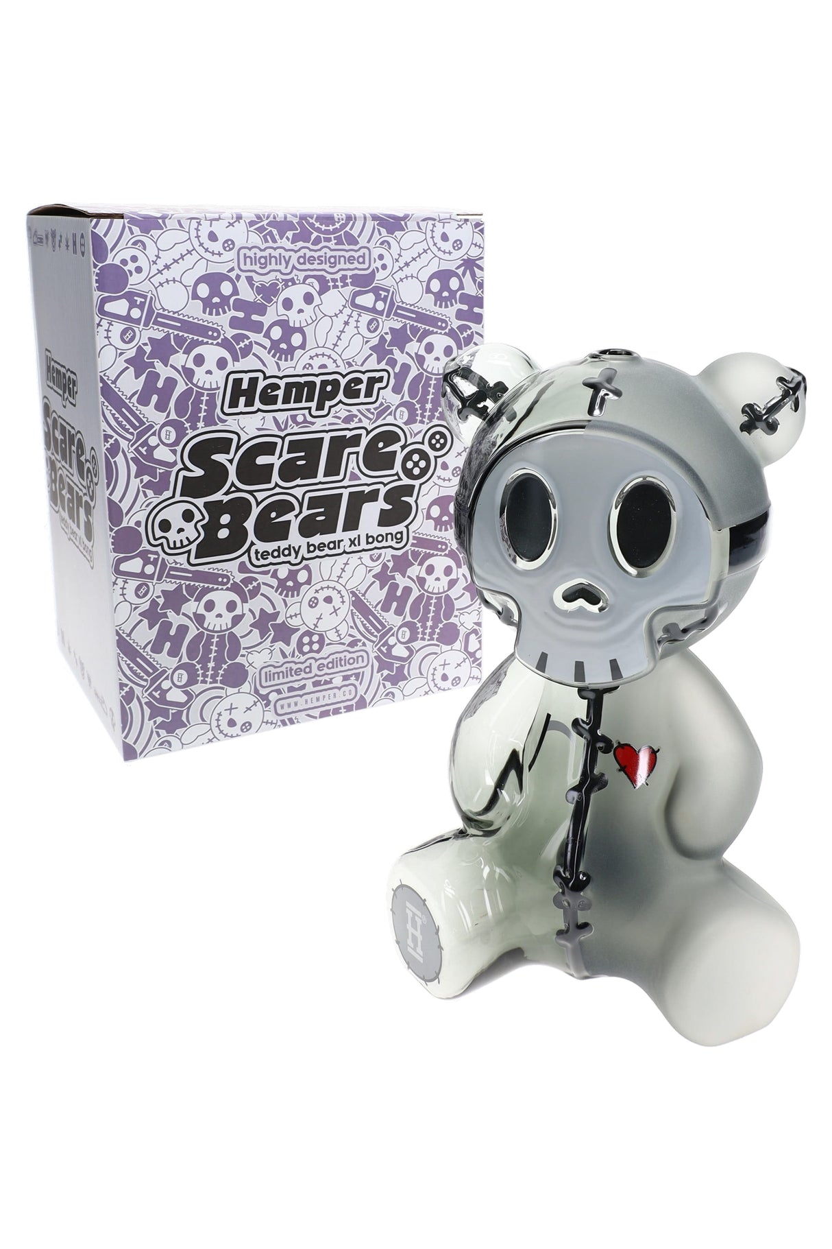 Hemper Scare Bears Teddy Bear XL bong posed beside purple Scare Bears box, creepy-cute character water pipe ready for collectible display.