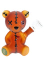 5.5-inch Hemper Scare Bears amber teddy bear glass bong with stitched details, button eye and clear bowl, front angle on white background.