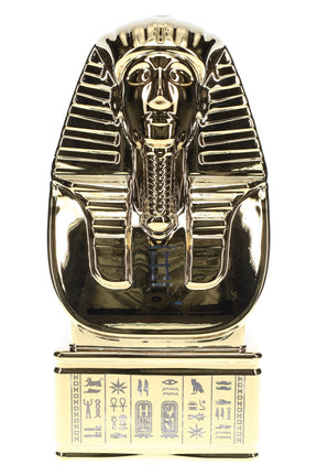 Gold Hemper Ancient Egypt XL 9.5-inch pharaoh bust glass bong with hieroglyphic pedestal base, straight front view on bright white background.