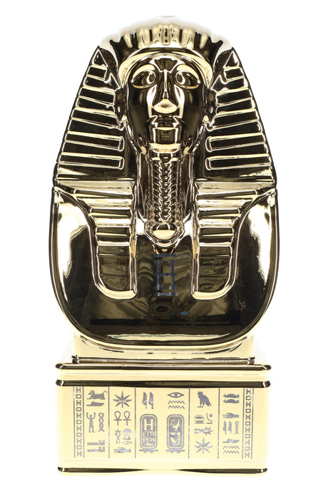 Gold Hemper Ancient Egypt XL 9.5-inch pharaoh bust glass bong with hieroglyphic pedestal base, straight front view on bright white background.