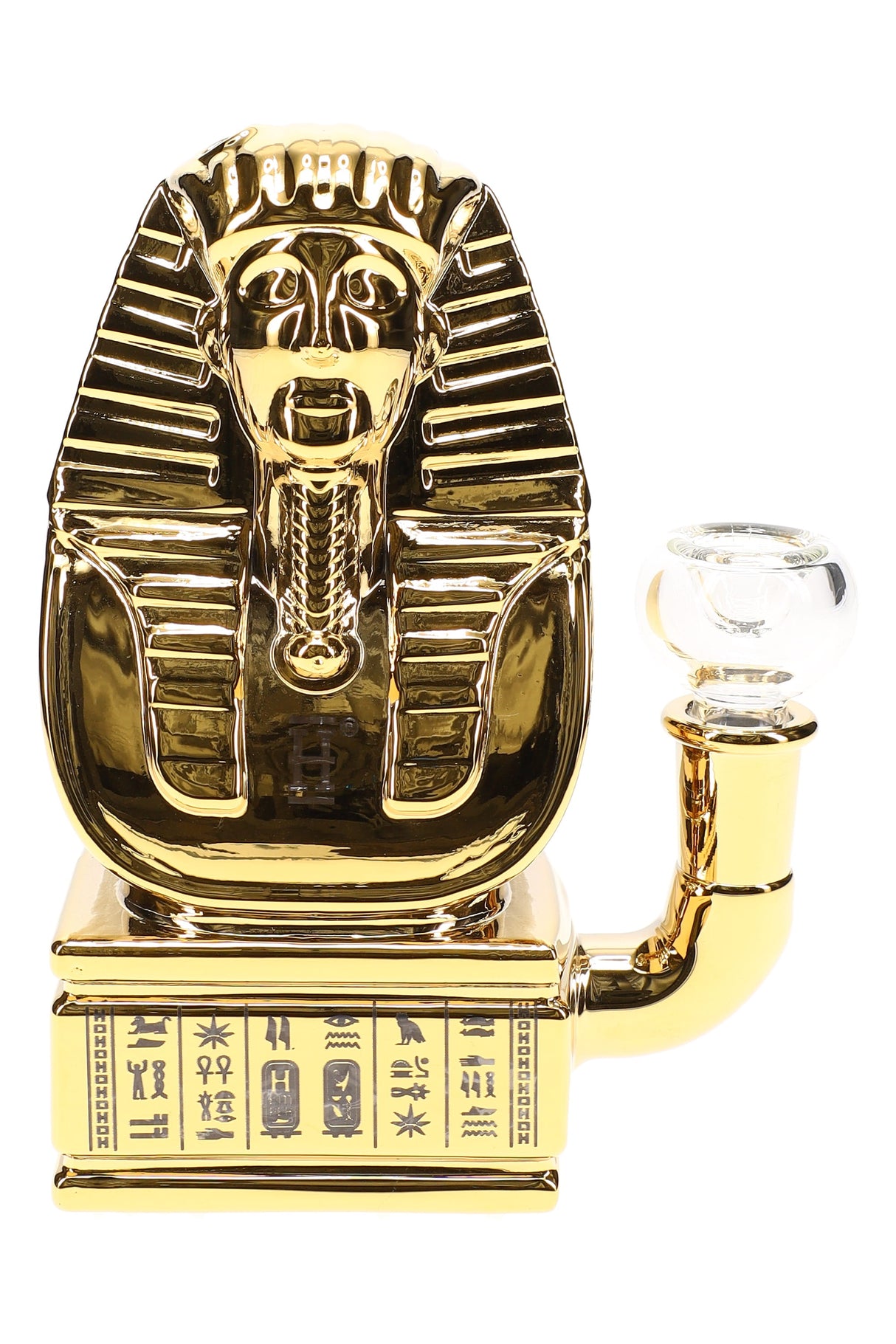 Gold pharaoh bust mini glass bong with hieroglyphic base, inline perc and clear bowl, front view on white background.