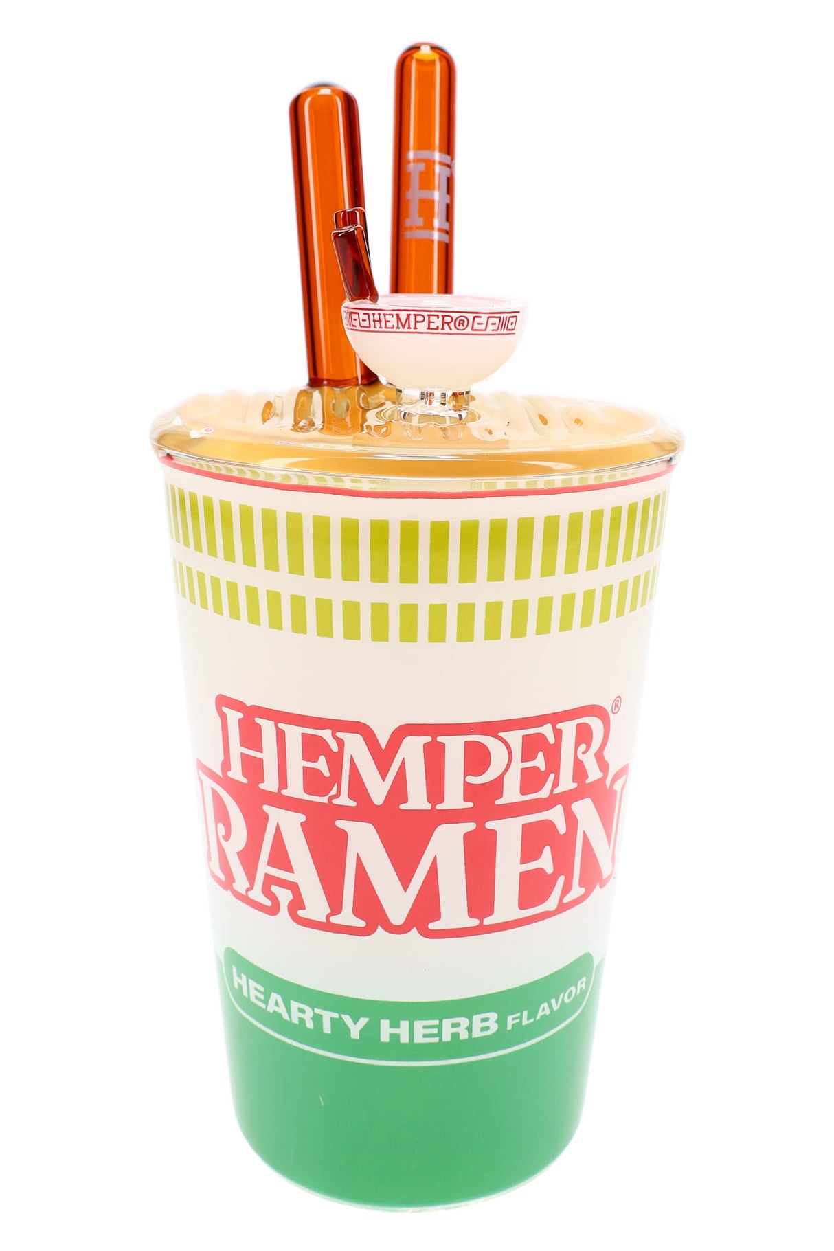 Hemper 8.5 inch ramen cup glass bong with yellow noodle lid and orange chopstick mouthpieces standing on white