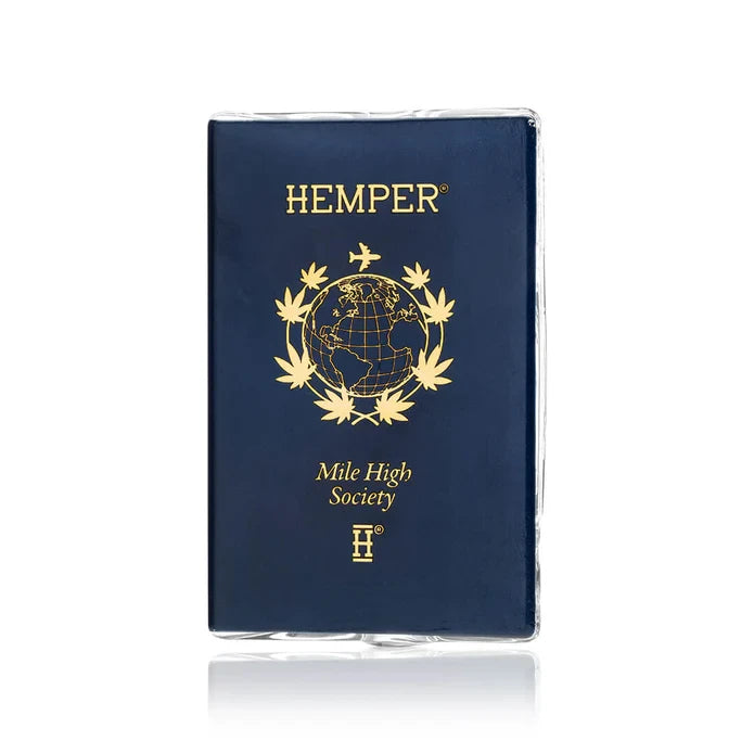 Front of the HEMPER Mile High Passport Hand Pipe showing gold globe artwork and lettering on navy