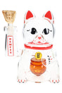 Clear 7-inch Hemper Lucky Money Cat XL glass bong shaped like waving lucky cat with orange money bag perc and gold bowl.