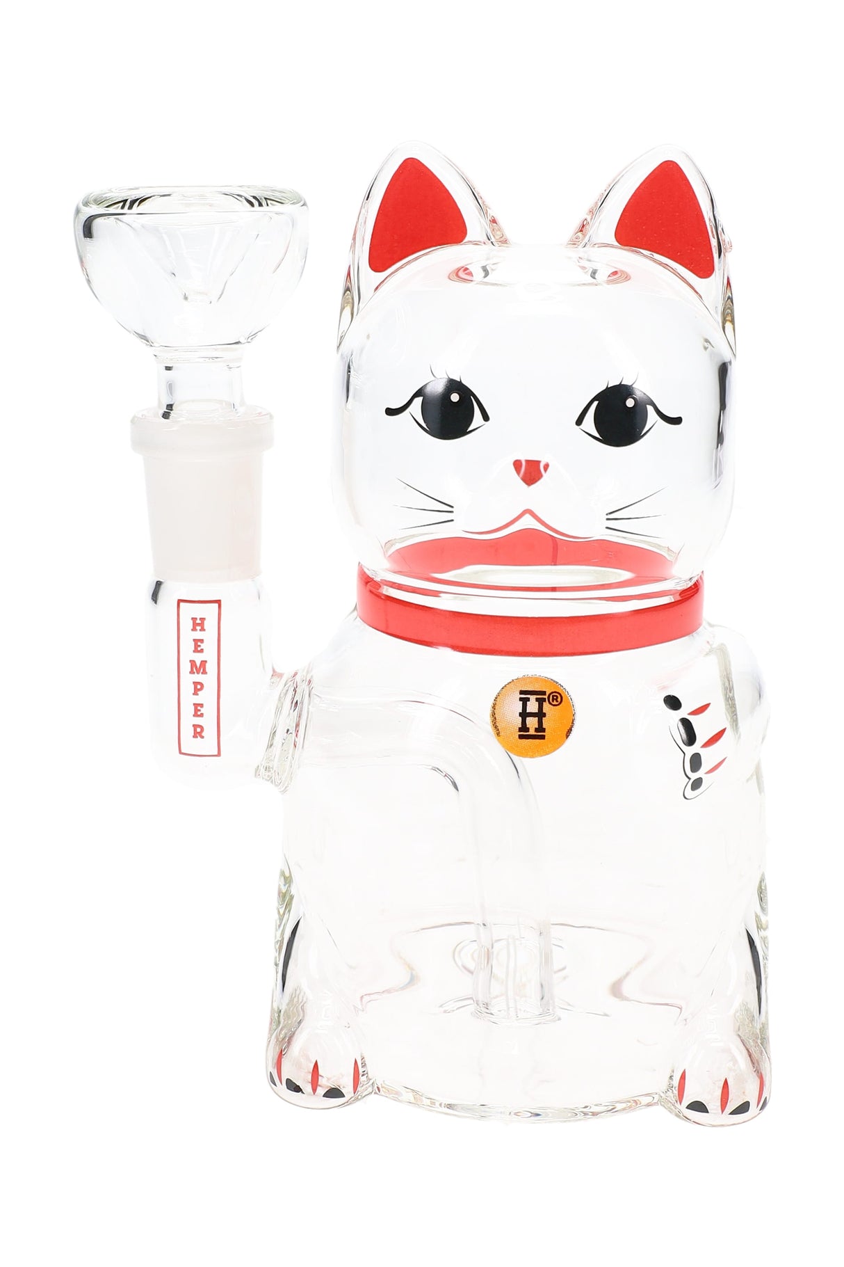 Clear 5-inch Hemper Lucky Money Cat glass bong with red collar, raised paw joint and 14.5 mm bowl, front view on white background.
