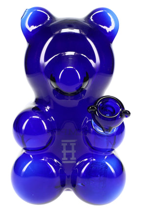 Deep blue Hemper Gummy Bear XL glass bong with ear mouthpiece and paw bowl, front studio view on white background.