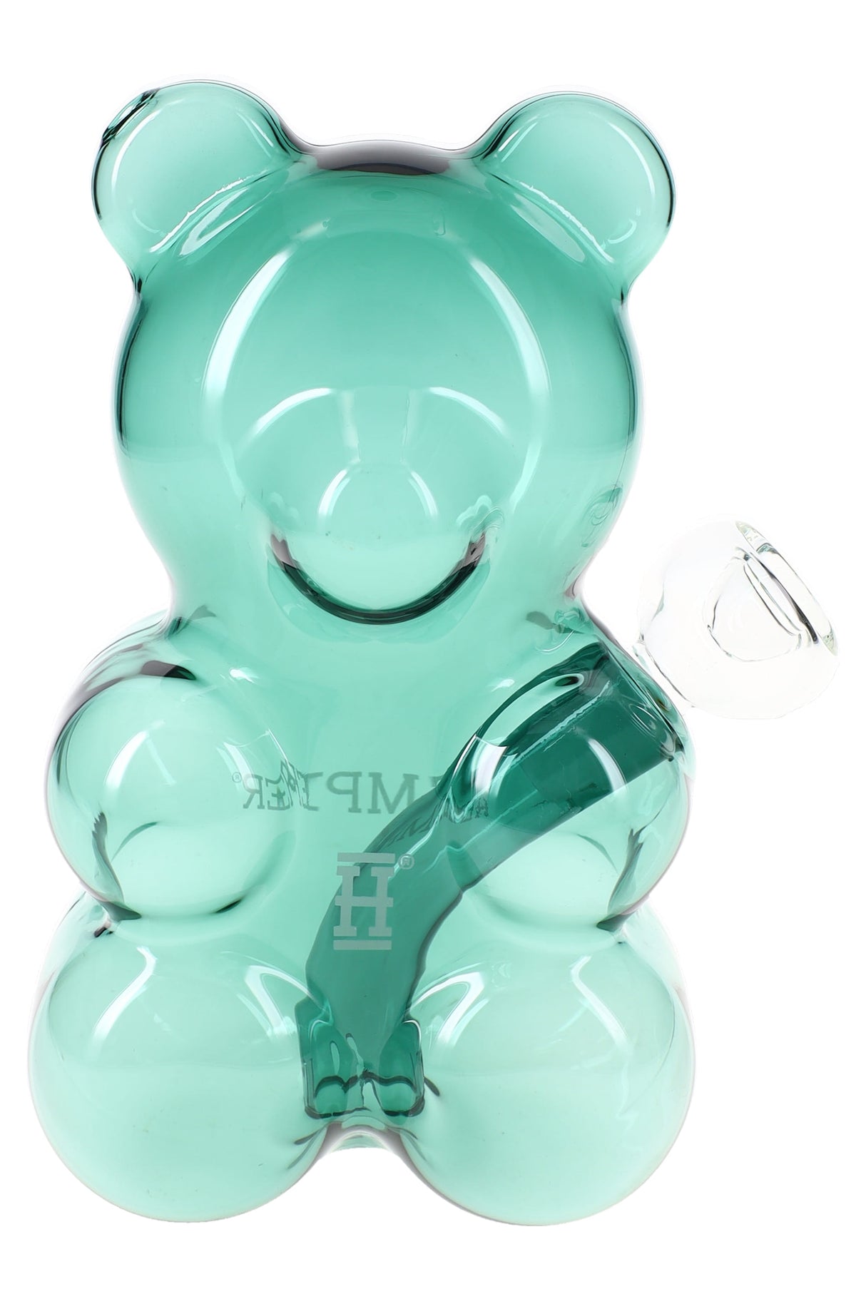 Teal 6½-inch Hemper Gummy Bear glass bong with ear mouthpiece and clear 14.5 mm bowl, straight-on studio shot on white background.