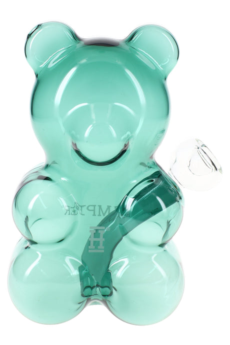 Teal 6½-inch Hemper Gummy Bear glass bong with ear mouthpiece and clear 14.5 mm bowl, straight-on studio shot on white background.