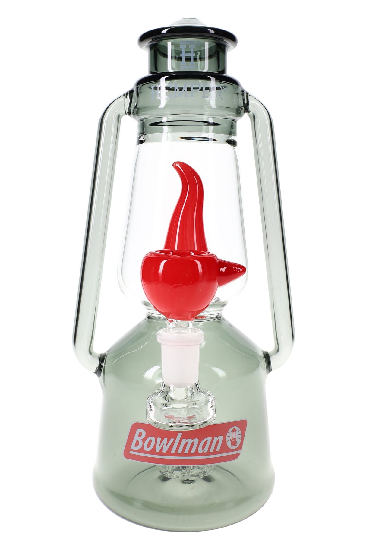 Front view of Hemper Bowlman Lantern XL smoke glass bong shaped like classic camp lantern with bold red flame centerpiece.