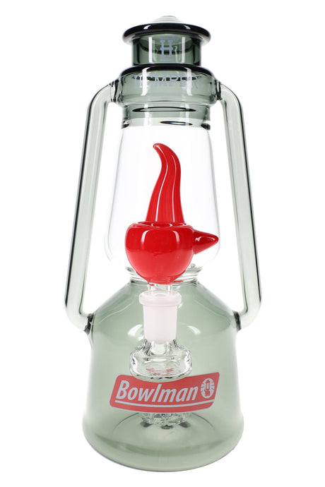 Front view of Hemper Bowlman Lantern XL smoke glass bong shaped like classic camp lantern with bold red flame centerpiece.
