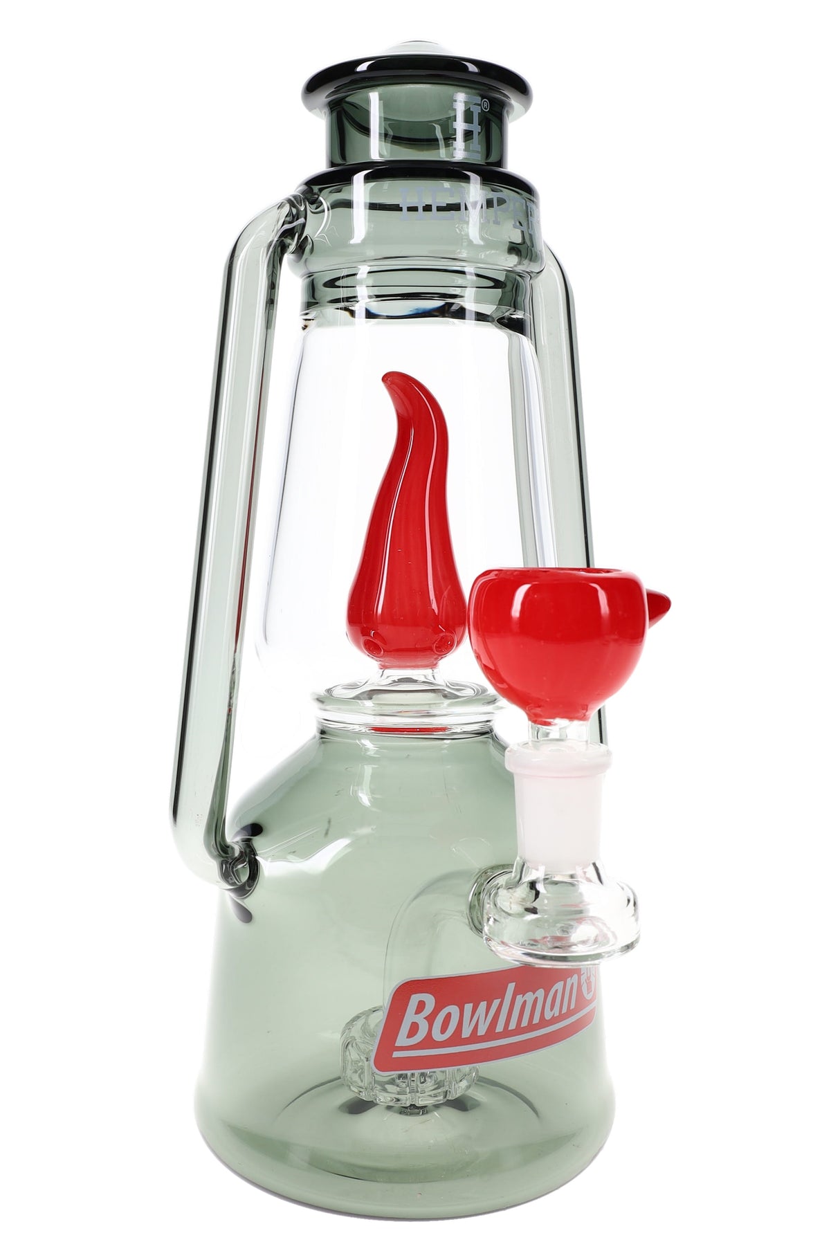 Smoke-tinted 10-inch Hemper Bowlman Lantern XL glass bong with red flame perc and matching flame bowl on white backdrop.