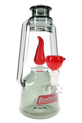 Smoke-tinted 10-inch Hemper Bowlman Lantern XL glass bong with red flame perc and matching flame bowl on white backdrop.