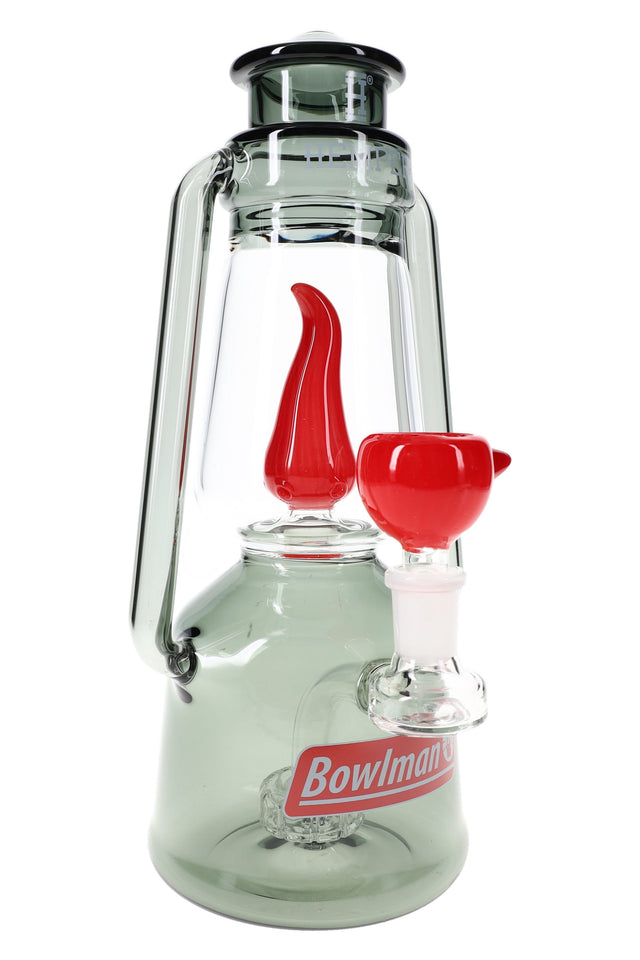 Smoke-tinted 10-inch Hemper Bowlman Lantern XL glass bong with red flame perc and matching flame bowl on white backdrop.