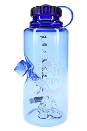 Blue Hemper Happy Camper water bottle bong with mountain perc and “Happy Camper” graphic, straight-on studio shot on white background.