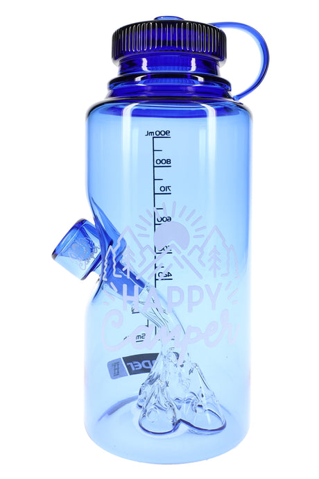 Blue Hemper Happy Camper water bottle bong with mountain perc and “Happy Camper” graphic, straight-on studio shot on white background.