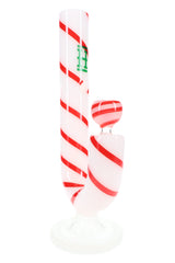 White Hemper Candy Cane XL glass bong with red peppermint swirl stripes and matching bowl on round pedestal base, side view.