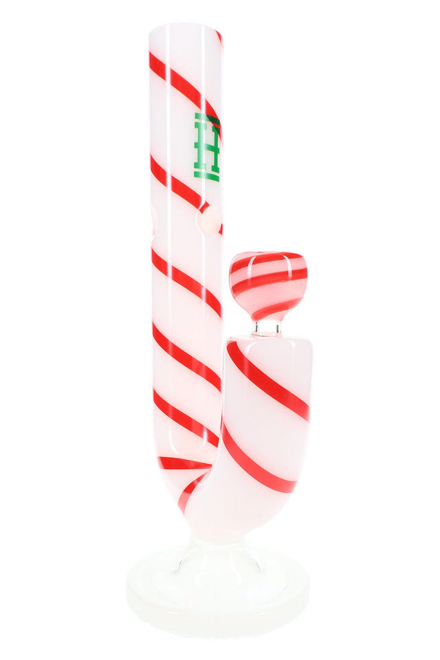 White Hemper Candy Cane XL glass bong with red peppermint swirl stripes and matching bowl on round pedestal base, side view.