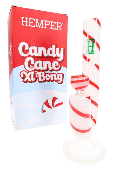Hemper Candy Cane XL 10½-inch glass bong posed beside red holiday gift box, showing peppermint stripes and included bowl.