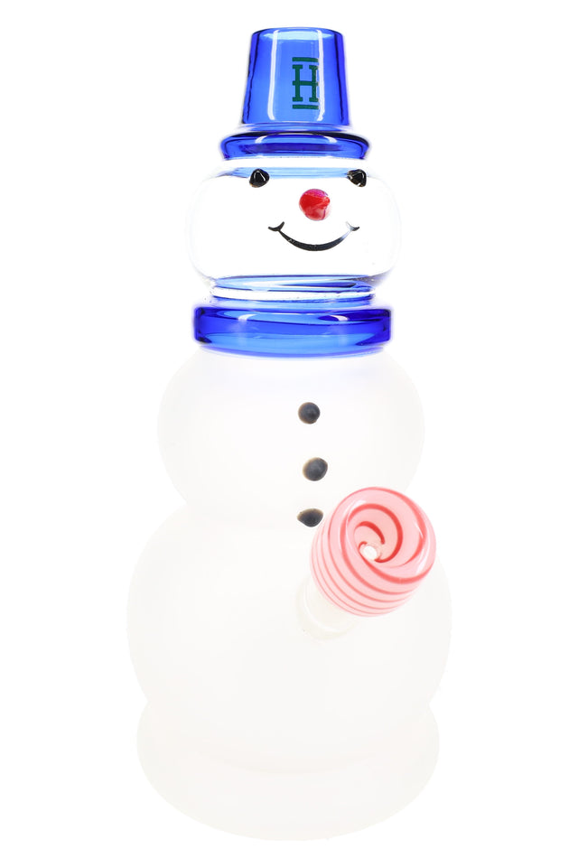 Hemper Snowman XL 10-inch glass bong with frosted snowball body, blue top hat mouthpiece and peppermint-swirl bowl on white.