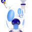 Clear spotted egg glass bong with blue decals, blue mushroom perc and matching bowl on pedestal base, front angle on white background.