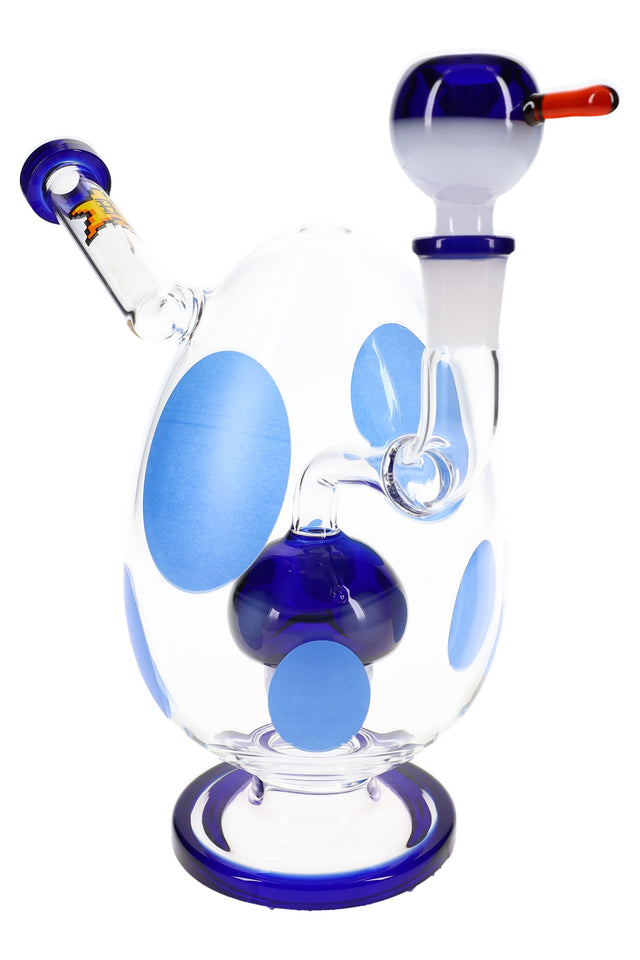 Clear spotted egg glass bong with blue decals, blue mushroom perc and matching bowl on pedestal base, front angle on white background.