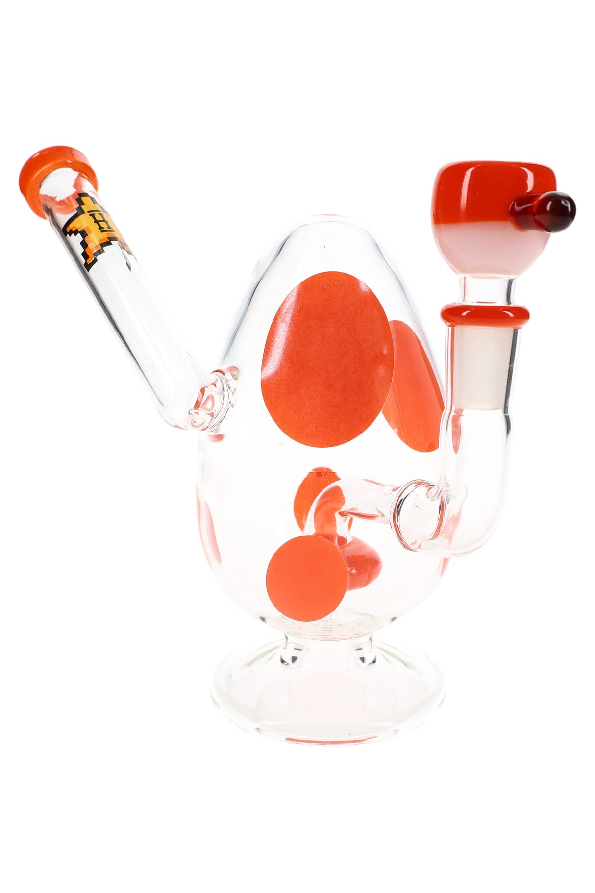 Orange-spotted egg water pipe with angled mouthpiece and matching orange bowl set against a white background.