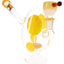 Yellow-spotted egg glass bong showing fixed downstem and showerhead perc through the clear chamber.