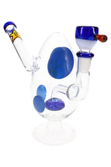 Clear glass bong with blue polka dots and blue bowl slide, compact round-base design on white background