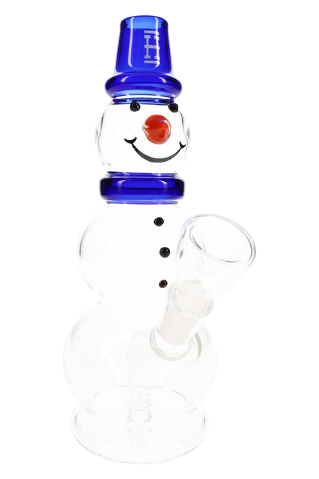 Hemper 8-inch snowman glass bong with blue hat, carrot nose and clear angled bowl on a white background.
