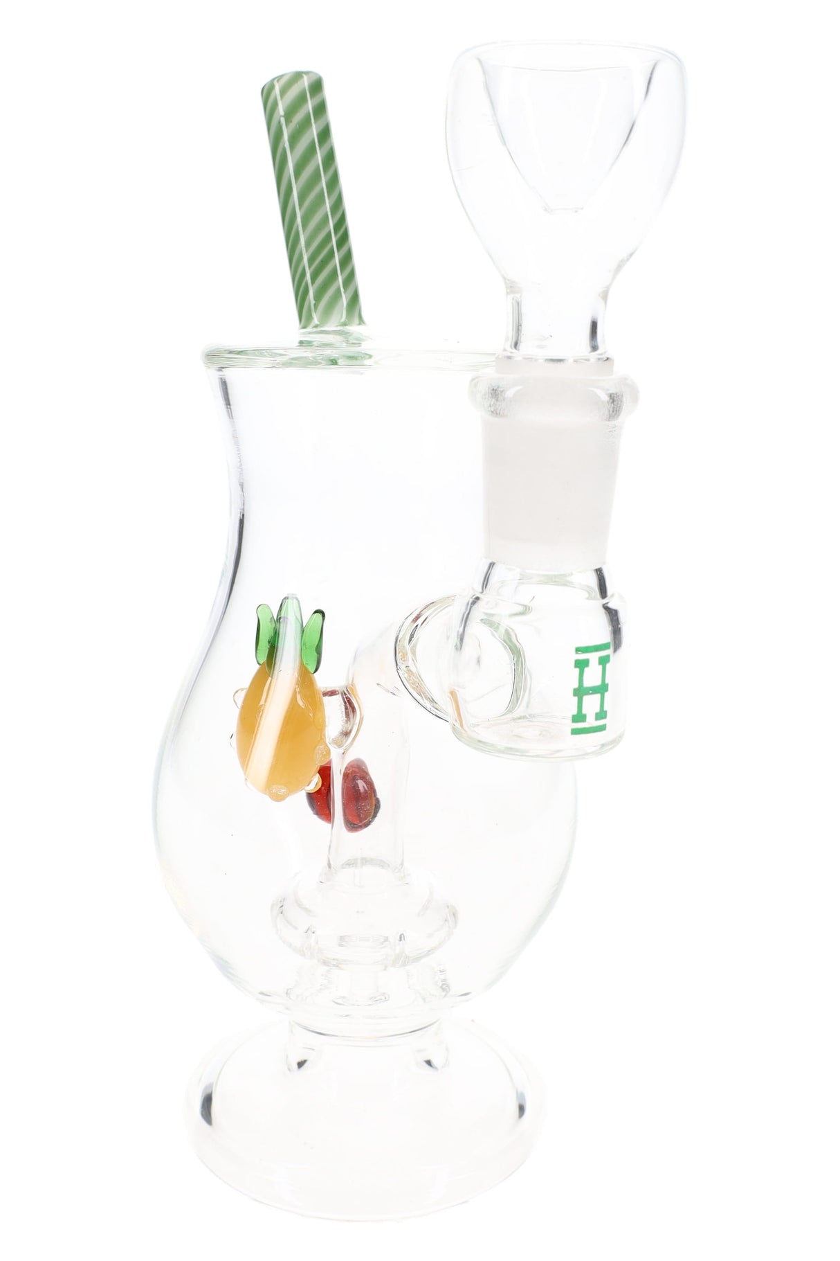 Clear 6-inch Hemper Pina Colada glass bong shaped like a cocktail, with green straw and fruit details.